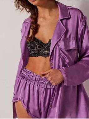 Free People Like Honey PJ Shirt Purple Oversized Satin Sleep Shirt Size Medium